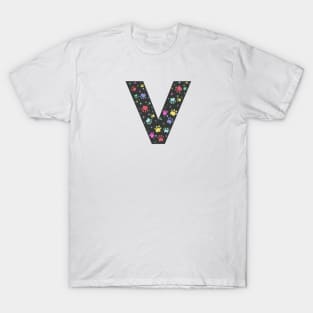 V letter  with colorful paw print T-Shirt